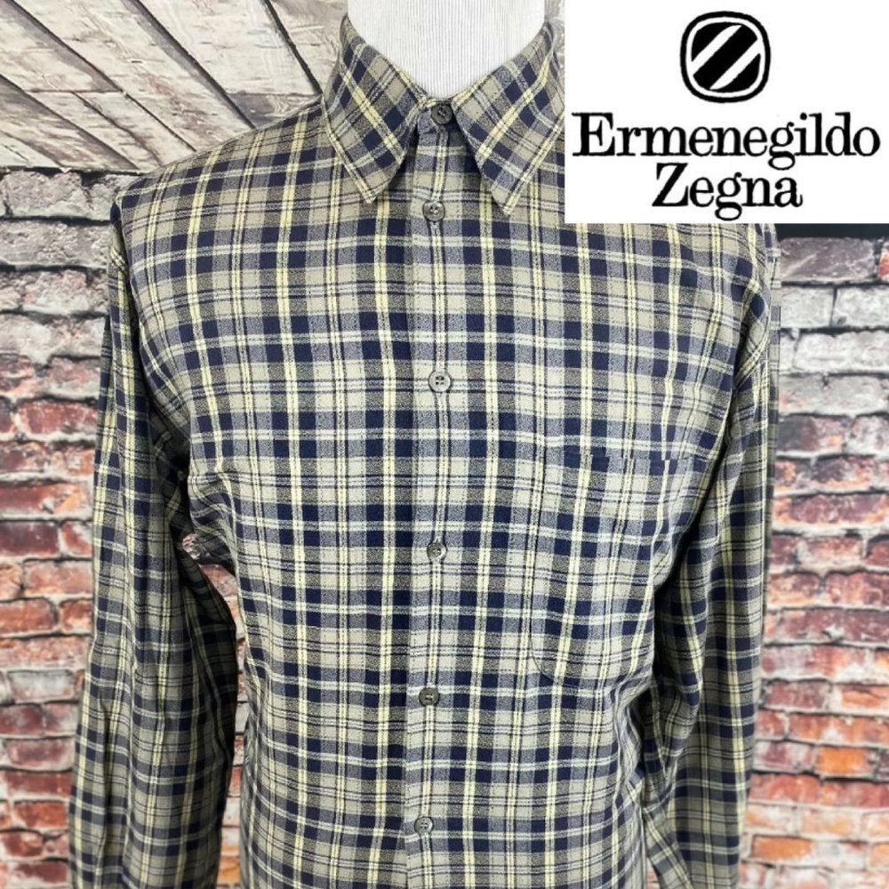 Ermenegildo Zegna ITALY Navy Gray Plaid Shirt L